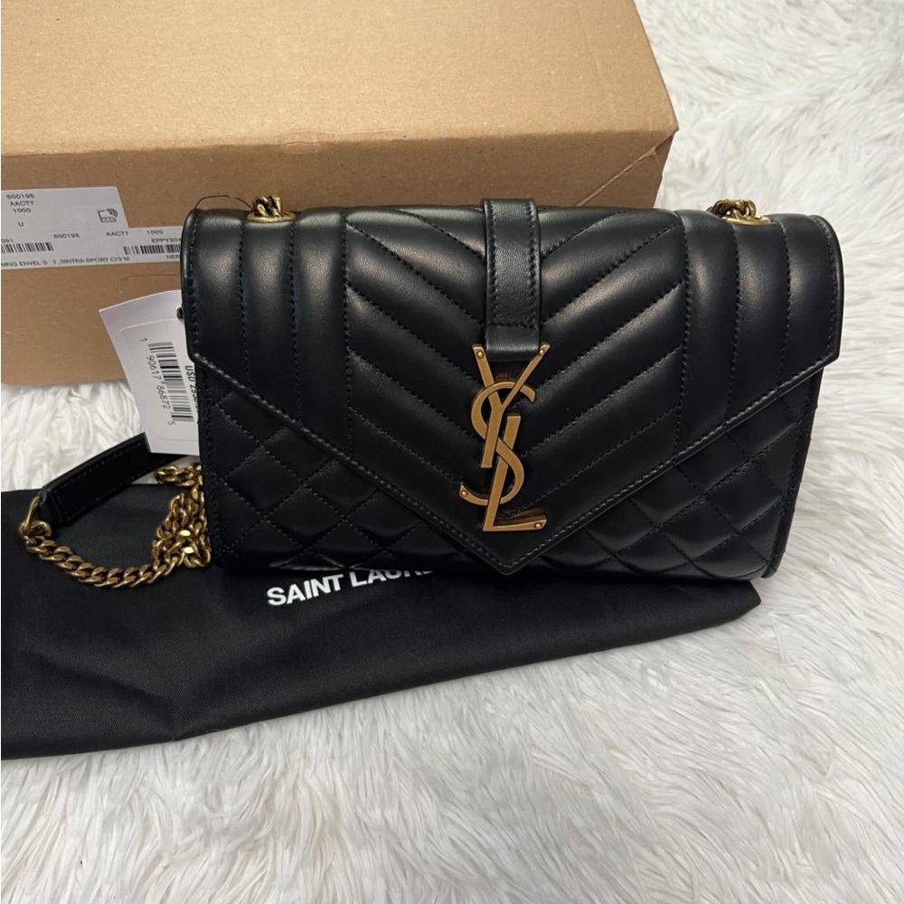 Saint Laurent YSL Monogram Small Envelope Smooth Leather Wallet On Chain